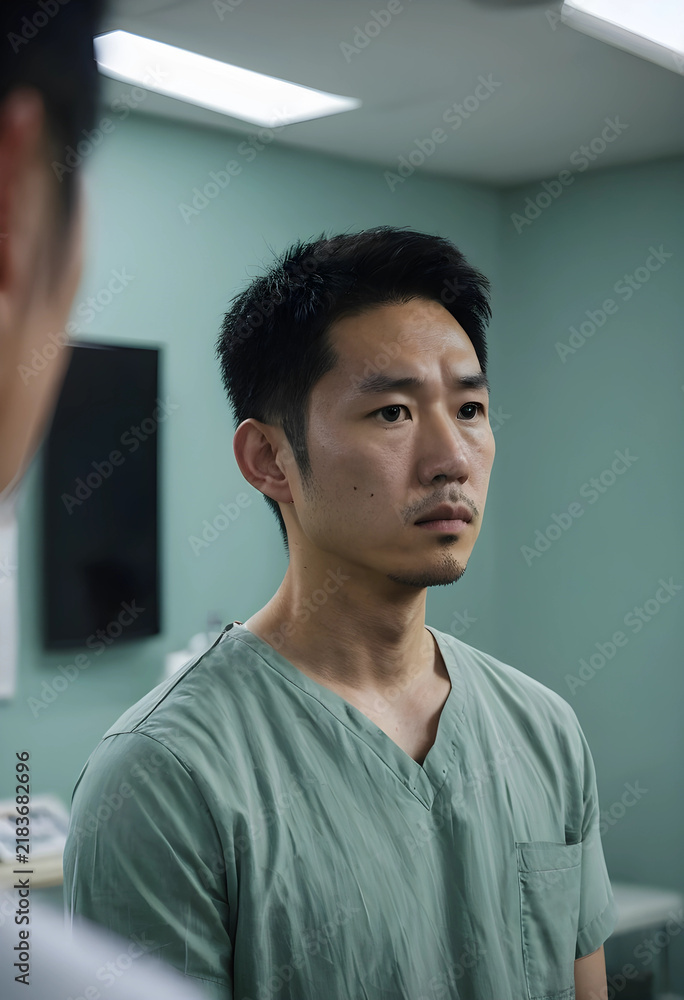 Obraz premium Healthcare burnout and medical stress, exhausted asian doctor listening to patient in hospital room during long shift with fatigue and mental pressure