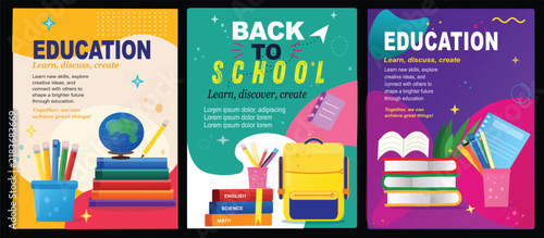 Set of three colorful education posters featuring school supplies books globes and backpacks with flat vector illustrations for academic learning concepts., isolated on a Transparent background
