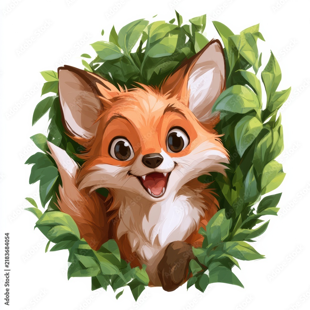Obraz premium A bouncy fox with big eyes peeks through green leaves, bringing joy in a bright woodland area filled with nature.