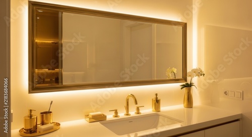 Luxurious Bathroom Vanity with Integrated Led Lighting and Gold Fixtures