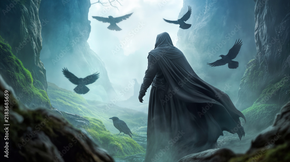 Obraz premium Traveler in long robes walking through mossy valley with black birds. Atmospheric fantasy landscape with ravens flying in misty canyon.