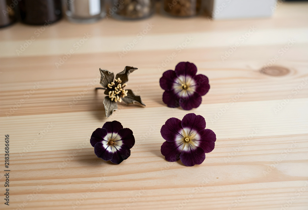 Obraz premium Botanical preservation and dried flowers, pressed purple blossoms and organic textures for natural decor and sustainable craft projects on wooden table