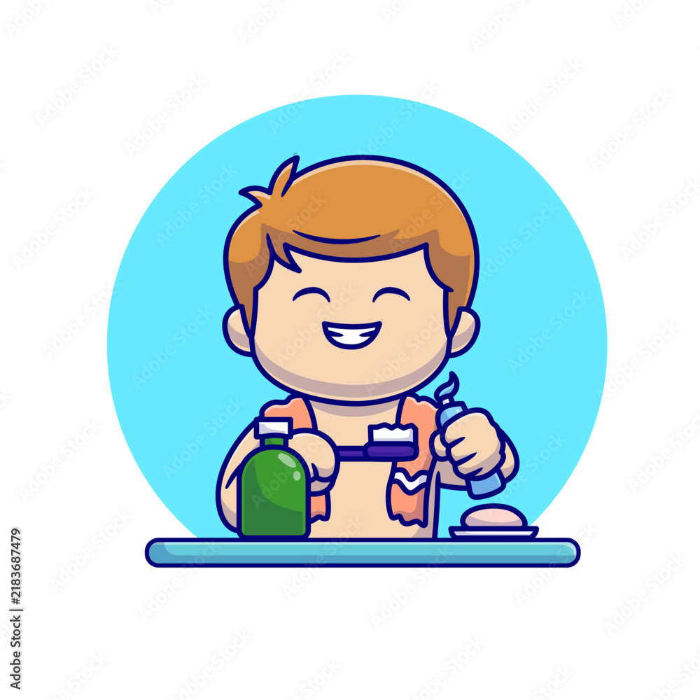 Fototapeta premium Cute Boy Brushing Teeth In Bathroom Cartoon 
