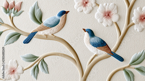 Ornate chinoiserie wallpaper design with birds and floral branches  