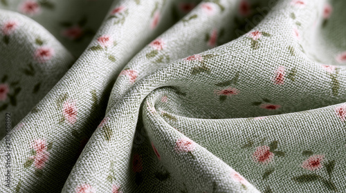 Calico fabric with small floral print texture in soft green tones  