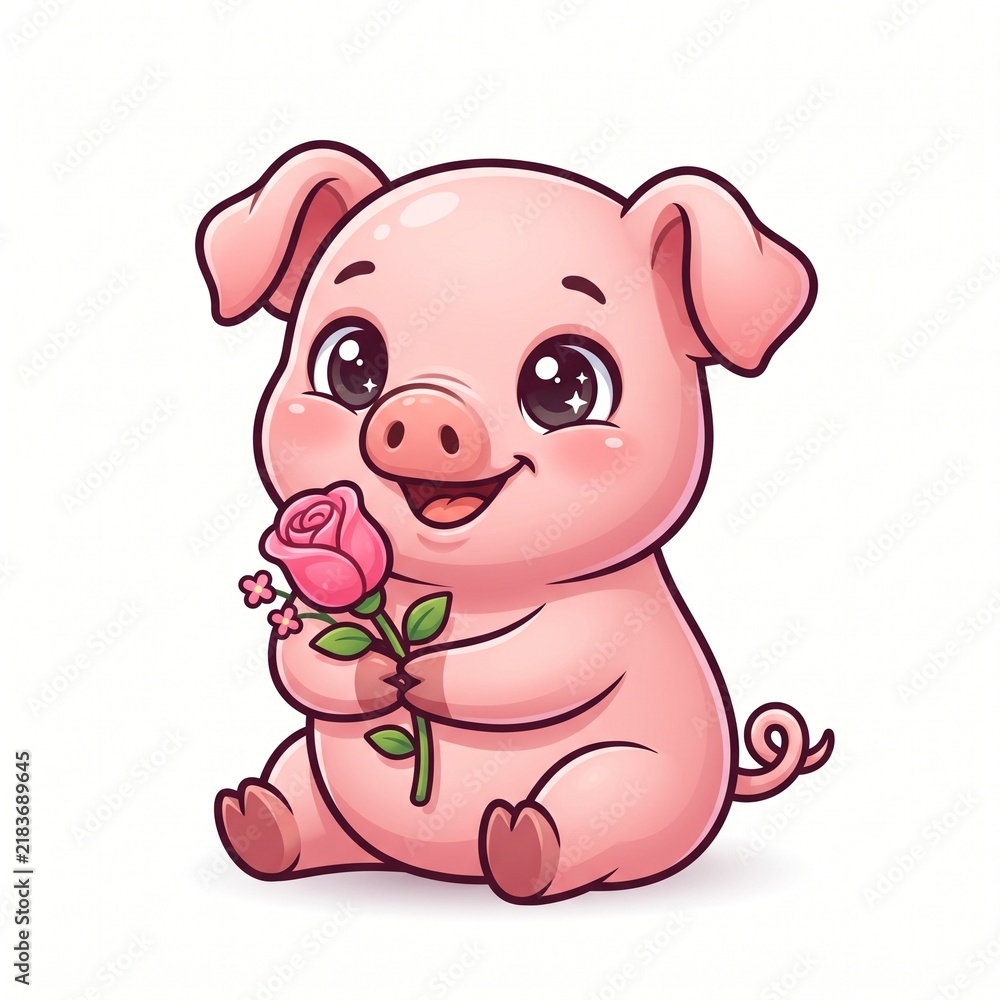 Fototapeta premium Cute Baby Pig Hugging a Pink Flower, Adorable Cartoon Farm Animal Vector Illustration