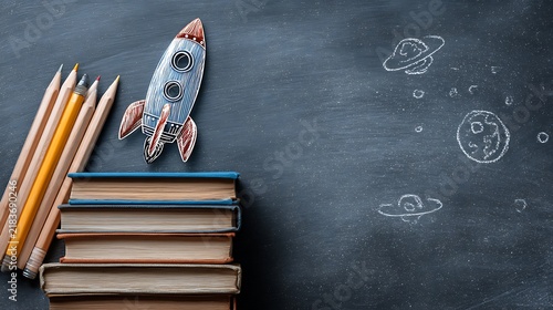 Educational rocket toy on book stack. Creative school supplies on blackboard background.