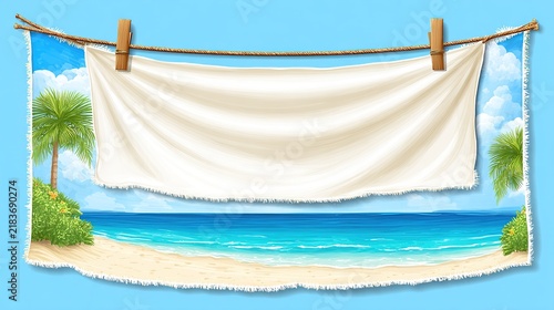 Tropical beach banner with white cloth, Seaside landscape digital art backdrop, Summer vacation travel advertising cover