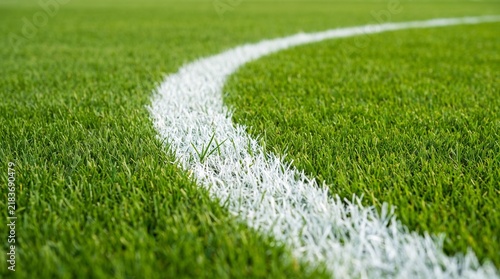 Curved white center circle line on professional football pitch, perfectly maintained green grass, sports arena