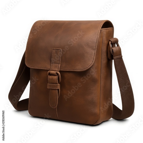 Brown leather messenger bag with flap buckle closure, vintage crossbody satchel for work or school.