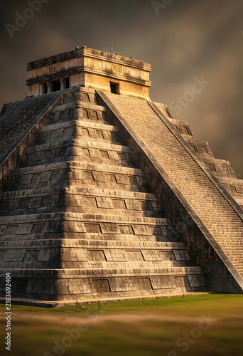 Ancient civilization and archaeology, Mayan pyramid temple at Chichen Itza with dramatic sunset light and stone architecture of pre-columbian history
