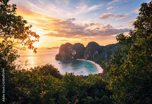Tropical Beach Sunset View Through Forest Trees