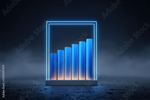 Blue bar graph neon frame, 3d cylindrical growth chart abstract, Business finance data presentation backdrop