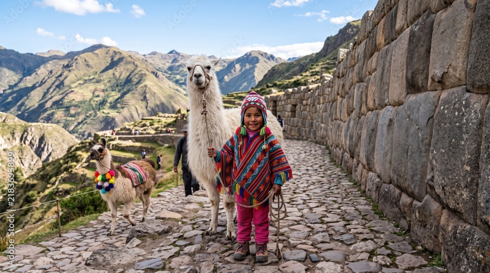 Fototapeta premium A young girl in traditional andean clothing stands on a stone path with two llamas at the archaeological site of pisac in the sacred valley of peru, with mountains in the background