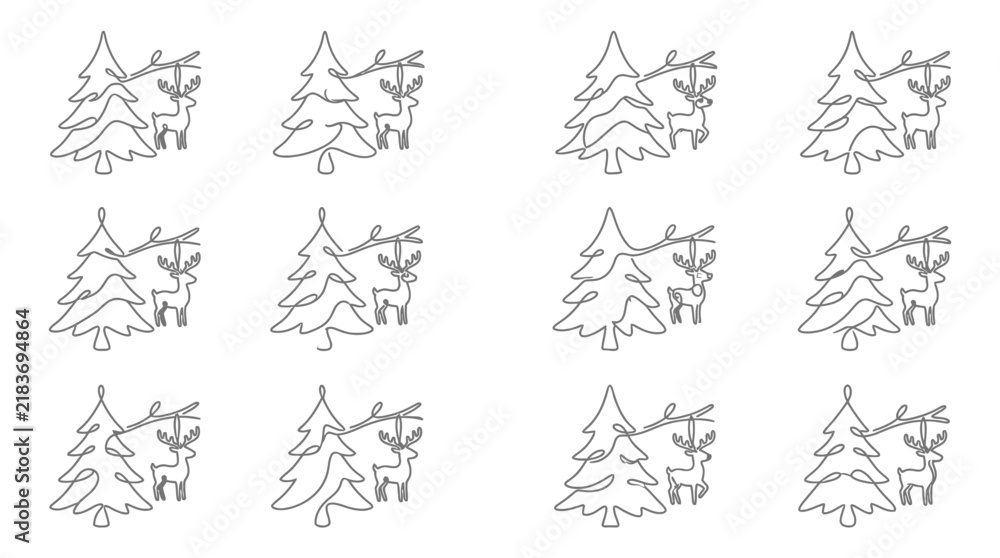 Fototapeta premium Minimalist Continuous One Line Drawing Collection of Christmas Trees and Reindeer Icons