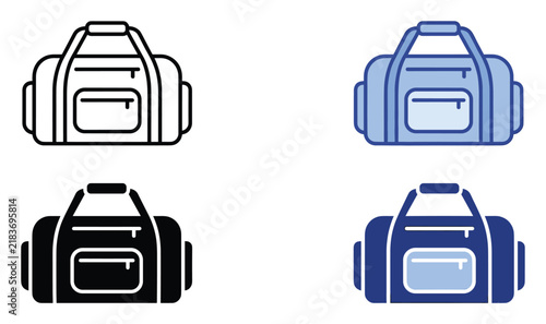 Gym bag icon set showing sports luggage, duffel, travel bag and fitness equipment symbols in outline, solid, and flat vector style