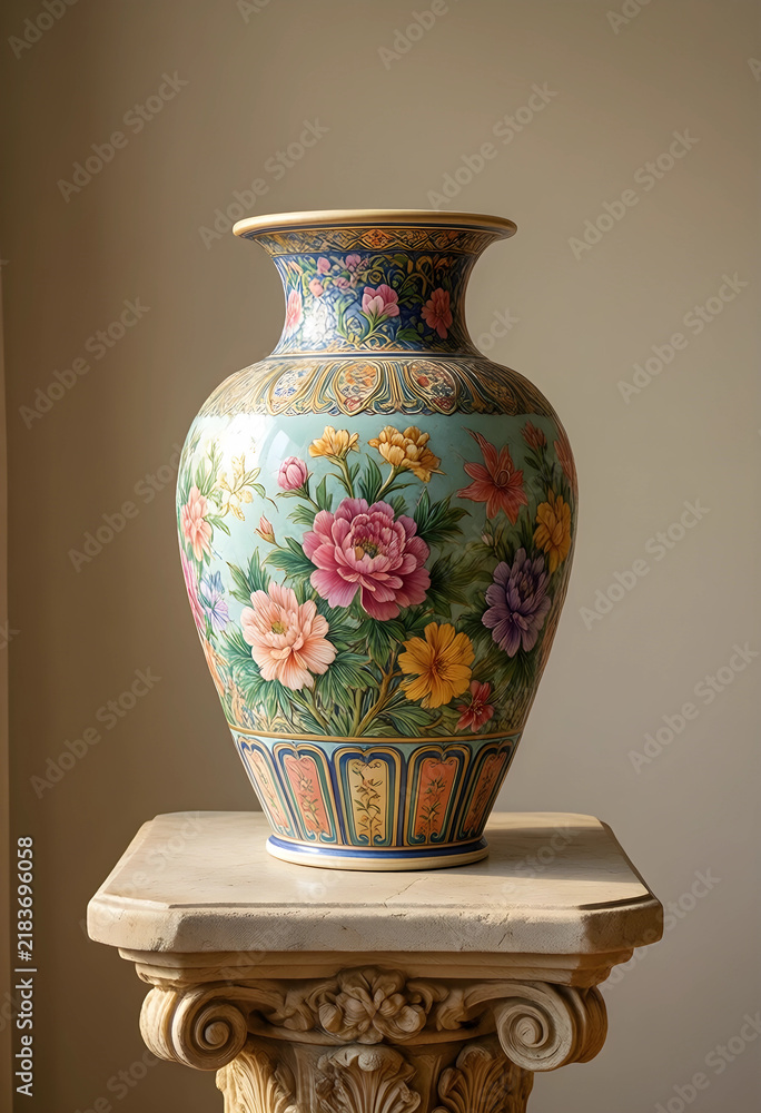 Fototapeta premium Interior design and home decor, ornate ceramic vase with floral pattern on a classical stone pedestal for luxury living room styling and art display