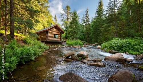 cozy log cabin nestled in a lush forest by a flowing stream