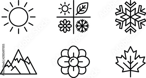 Four Seasons Nature and Weather Outline Icon Set with Sun Snowflake Flower Mountain and Maple Leaf Line Symbols