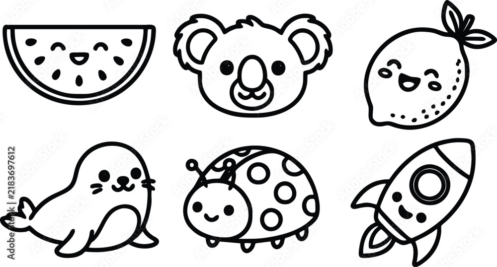 Fototapeta premium Cute kawaii character set featuring a watermelon koala lemon seal ladybug and rocket ship rendered in a clean vector illustration style