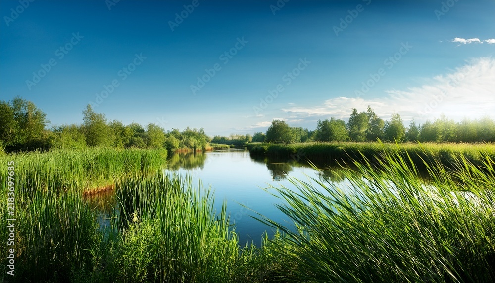 Obraz premium green reeds and tall grass standing beside a calm tranquil river