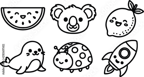 Cute kawaii character set featuring a watermelon koala lemon seal ladybug and rocket ship rendered in a clean vector illustration style