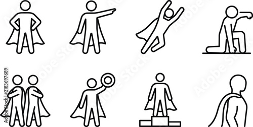 Minimalist Superhero Stick Figure Outline Icon Set with Flying Standing Kneeling and Leadership Success Character Poses