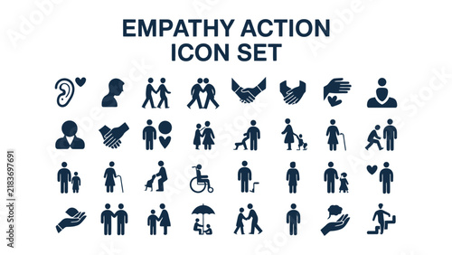 Empathy action and care icon set. Helping people, support, charity, disability and community vector silhouette collection.