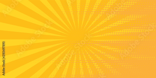Yellow comics background with speed or explosion effect. Comic halftone gradation gradient. Simple polka dots pattern. Dynamic motion in manga. Radial anime speed lines. Zoom effect for books