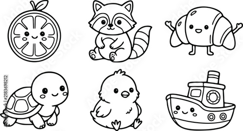 Charming black and white vector illustration set containing cute doodle characters like animals food and ships for creative coloring pages