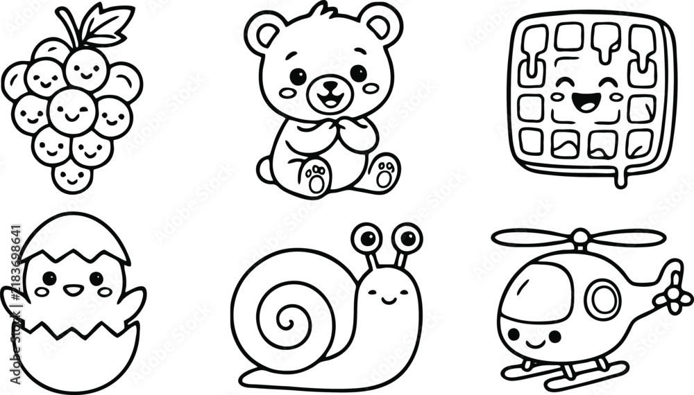 Fototapeta premium Cute kawaii character set featuring grapes bear waffle chick snail and helicopter presented as simple black and white vector line art