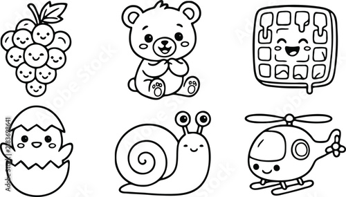 Cute kawaii character set featuring grapes bear waffle chick snail and helicopter presented as simple black and white vector line art