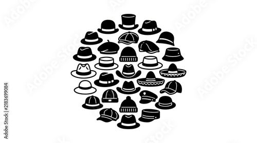 Collection of Various Hats Arranged in a Circle.