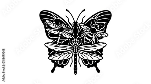 Intricate Butterfly Silhouette with Dragonfly and Bee Elements.