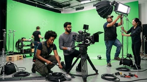 Film Crew Working in Studio with Green Screen, Camera Setup, Lighting
