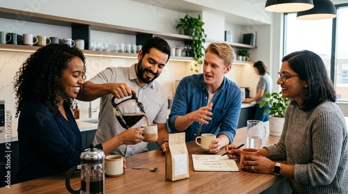 Diverse colleagues enjoying coffee break in modern office kitchen