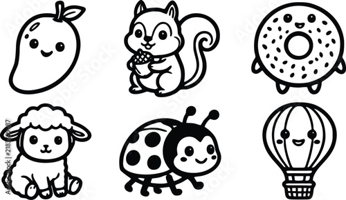 Collection of cute kawaii character illustrations featuring animals and food items in a simple black and white vector art style