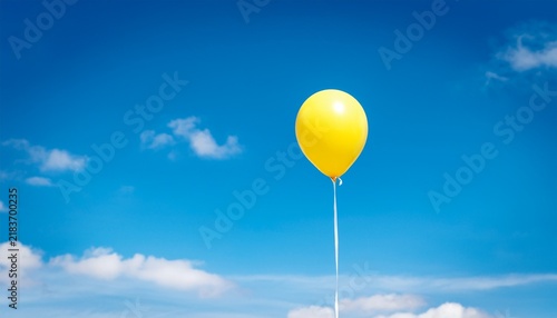 single yellow balloon floating in clear blue sky representing happiness and joy