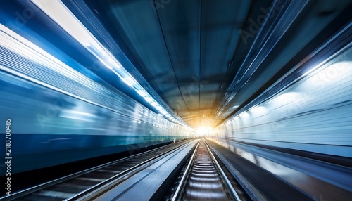 subway tunnel light trails with long exposure motion blur on underground railway tracks for smart city concept