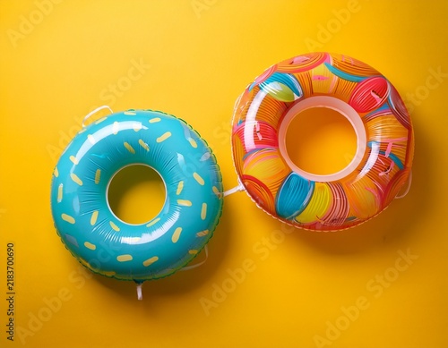 top view of two inflatable donut pool floats on solid yellow background