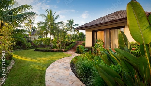 tropical villa with a lush garden and winding pathway