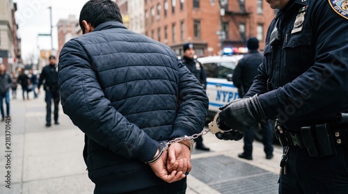 Police officer arresting a man in handcuffs on a city street in new york city