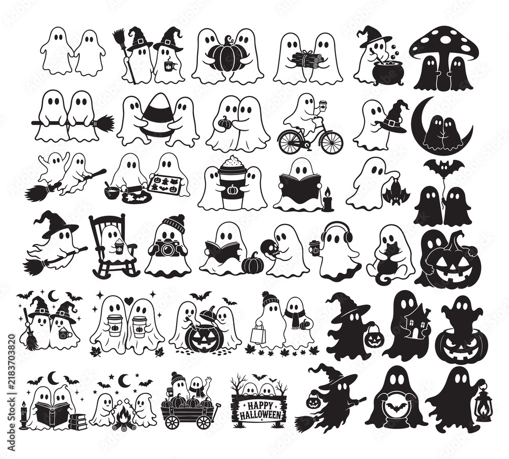 Obraz premium Halloween Ghost Clipart Collection, Cute Spooky Ghosts Witches, Pumpkins, Bats, Haunted Houses and Autumn Elements, Black and White Vintage Halloween Illustrations