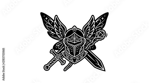Fantasy Knight Emblem with Wings Sword and Staff.