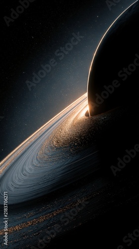 Dark planet with bright rings and surrounding space in distant galaxy