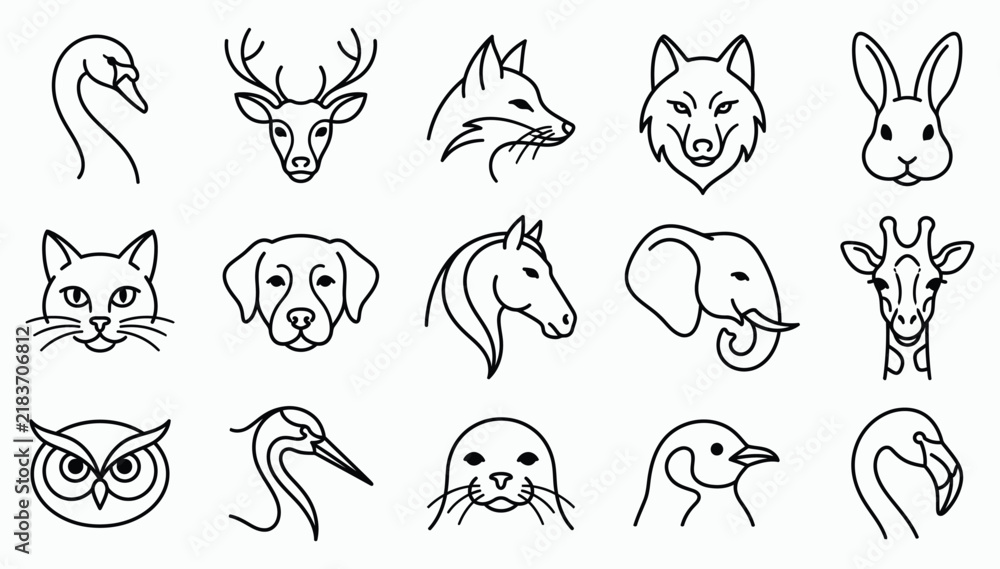 Obraz premium A comprehensive vector illustration set featuring various animal head line art icons for creative design projects