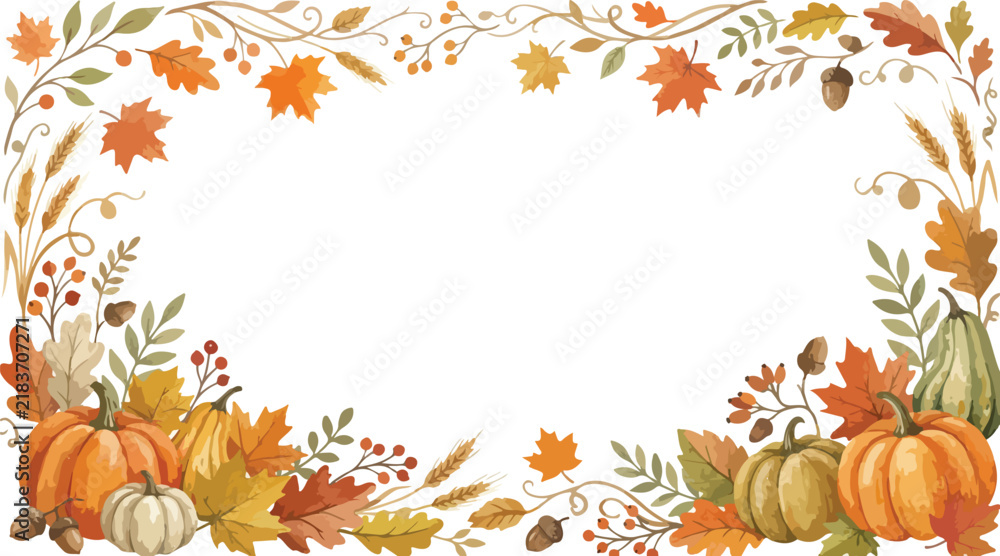 Fototapeta premium Beautiful watercolor autumn frame featuring vibrant orange pumpkins and colorful fall leaves isolated on a clean white background design element