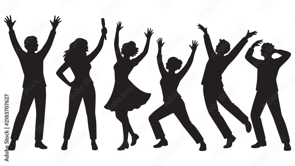 Fototapeta premium Group of people dancing with arms raised silhouette style stock photo