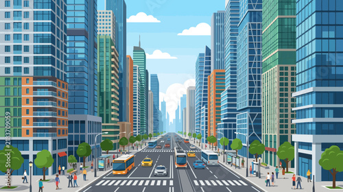 Urban cityscape with modern skyscrapers, busy street, and diverse pedestrians.