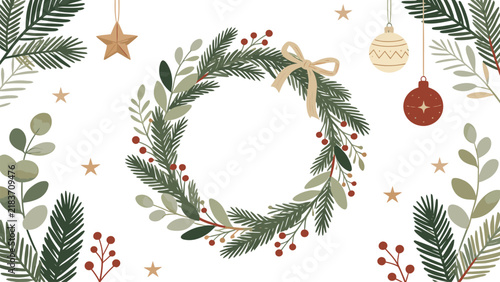 Elegant Christmas Botanical Wreath with Evergreen Branches, Berries and Hanging Ornaments
